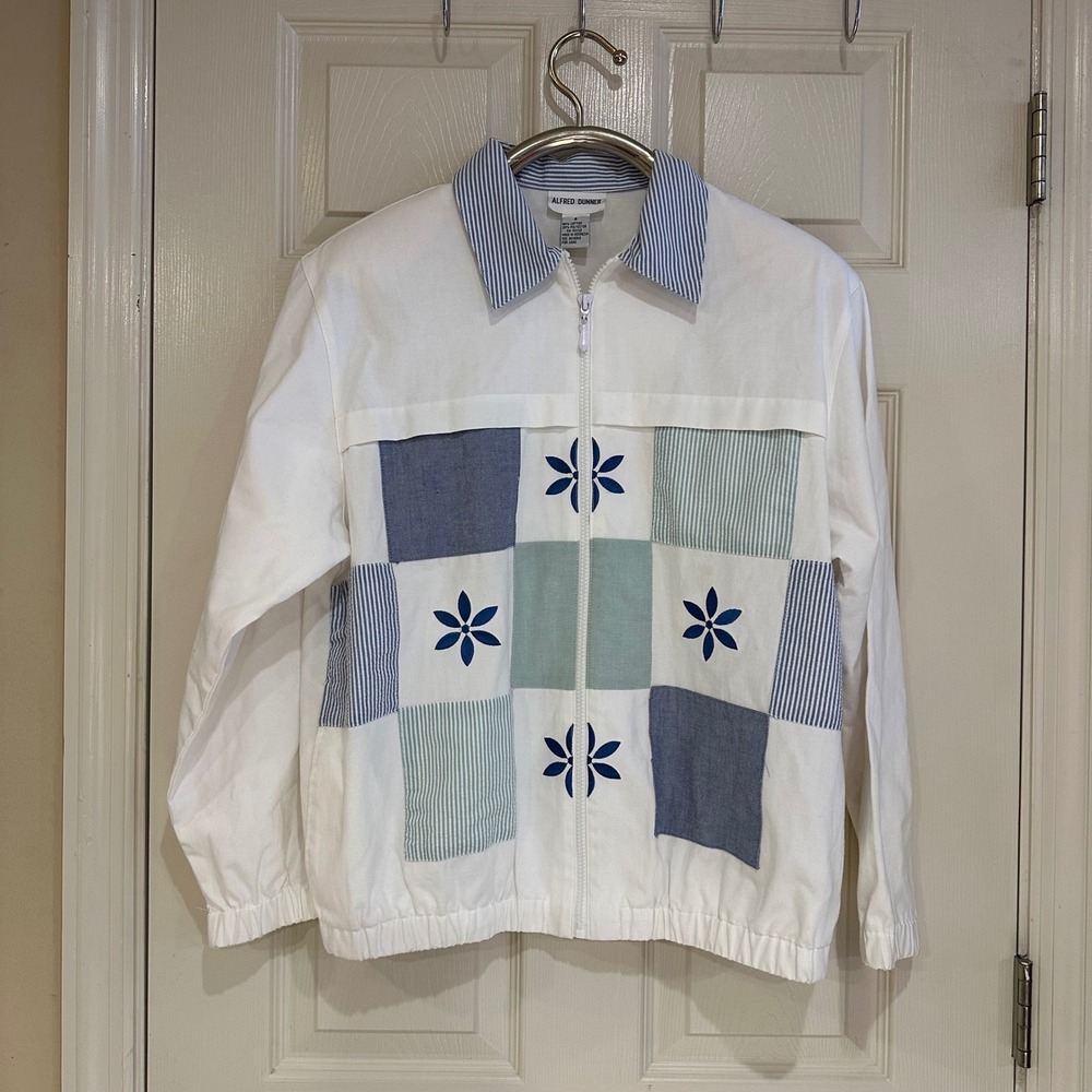 Alfred Dunner Womens White Patchwork Floral Zip Up Jacket Size 8 Blue Green